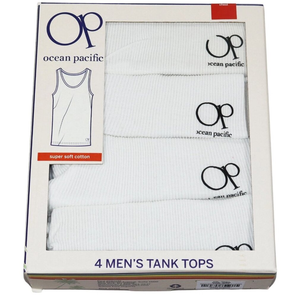 OP Ocean Pacific 4-Pack 100% Cotton Ribbed Tagless Logo Hem Men's Tank Tops NIB